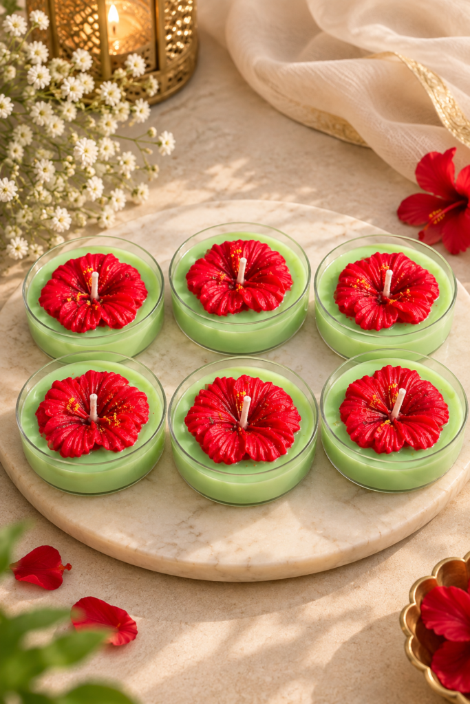 Jumbo tea lights with hibiscus flower